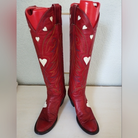 Cutter Bills Western World Houston Dolls Shoes - Vintage 1970s, red, leather, knee high, cowboy boots, Size 6